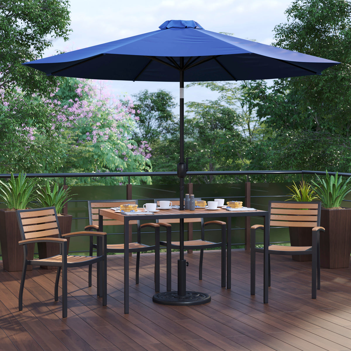 Navy |#| 30" x 48" Faux Teak Patio Table, 4 Chairs and Navy 9FT Patio Umbrella with Base