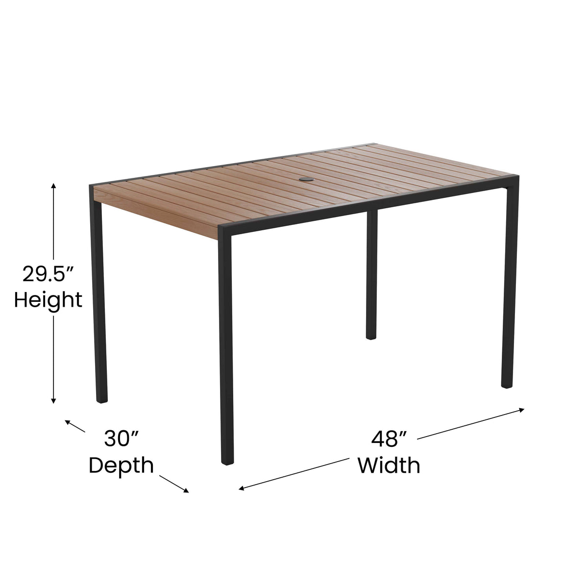 Navy |#| 30" x 48" Faux Teak Patio Table, 4 Chairs and Navy 9FT Patio Umbrella with Base