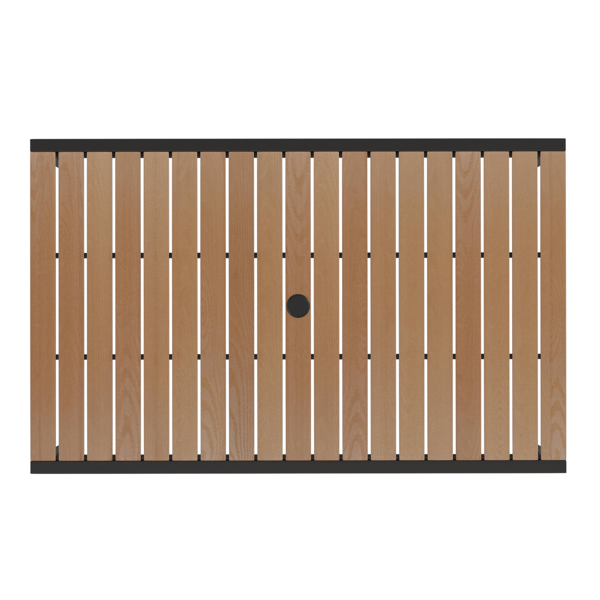 Red |#| 30" x 48" Faux Teak Patio Table, 4 Chairs and Red 9FT Patio Umbrella with Base