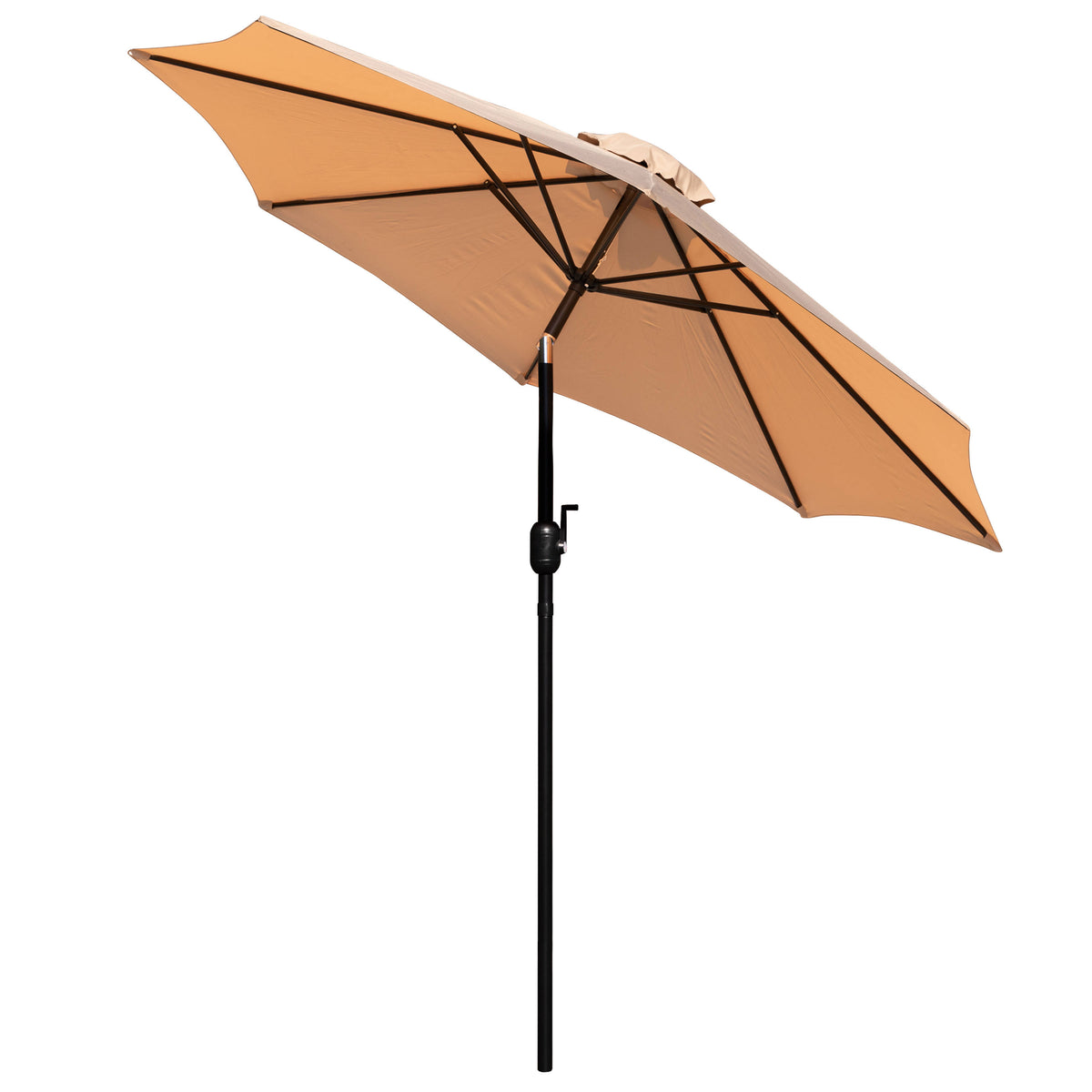 Tan |#| 35" Square Faux Teak Patio Table, 4 Chairs and Tan 9FT Patio Umbrella with Base