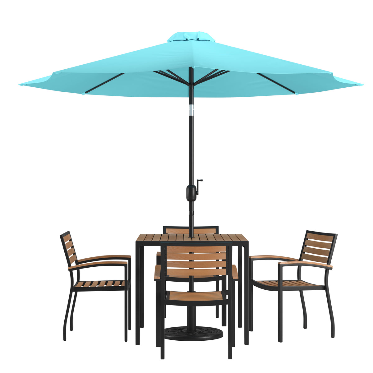 Teal |#| 35" Square Faux Teak Patio Table, 4 Chairs and Teal 9FT Patio Umbrella with Base