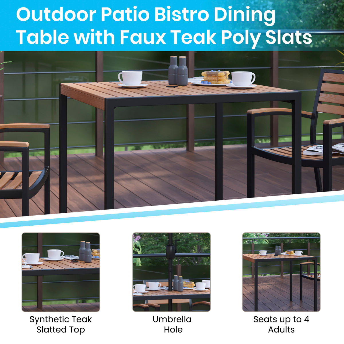 Tan |#| 35" Square Faux Teak Patio Table, 4 Chairs and Tan 9FT Patio Umbrella with Base