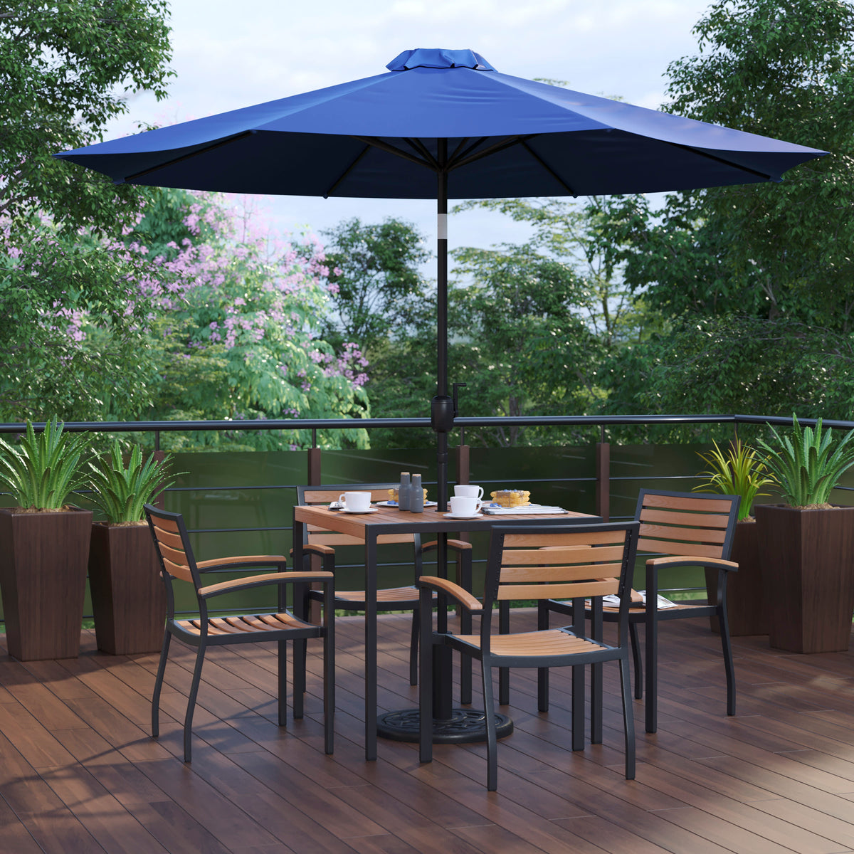 Navy |#| 35" Square Faux Teak Patio Table, 4 Chairs and Navy 9FT Patio Umbrella with Base