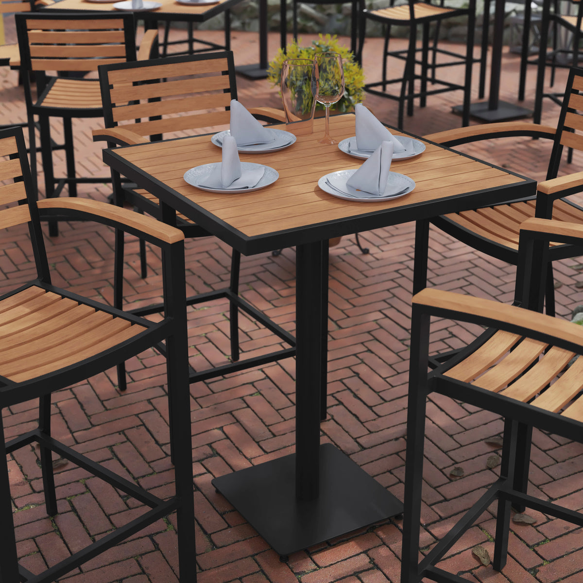 Teak |#| Indoor/Outdoor 32" Square Bar Height Dining Table with Poly Slats in Faux Teak