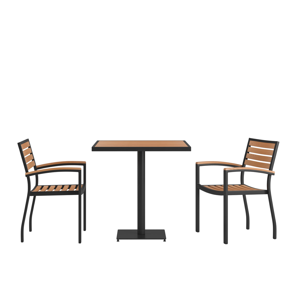 2 Faux Teak Accented Club Chairs - 30" Square Faux Teak Patio Table Set