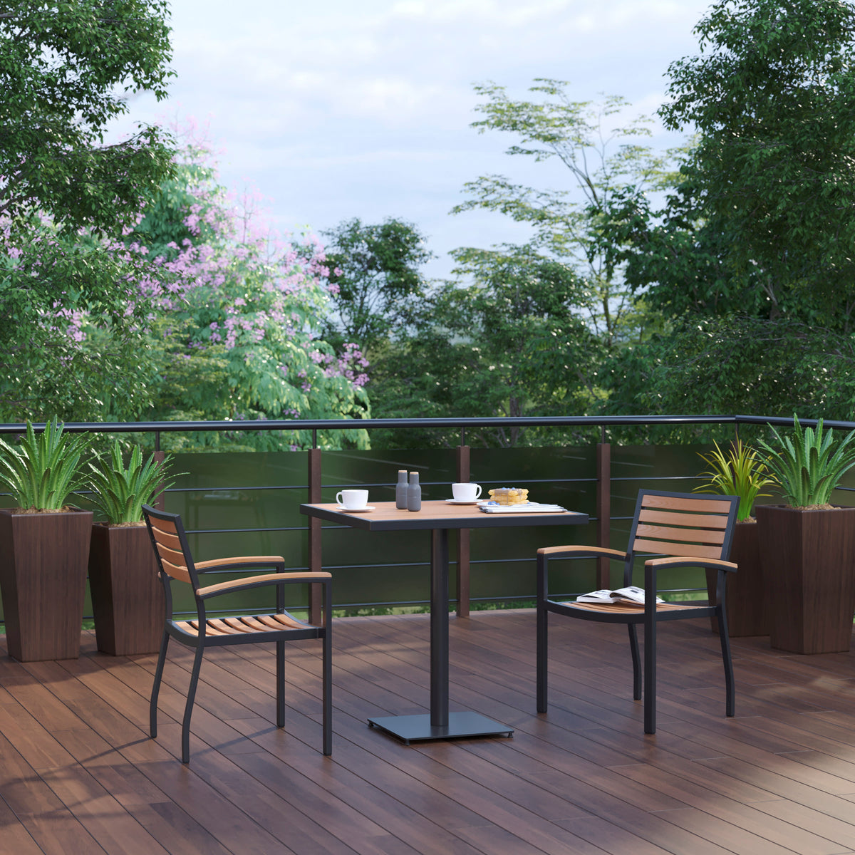 2 Faux Teak Accented Club Chairs - 30" Square Faux Teak Patio Table Set