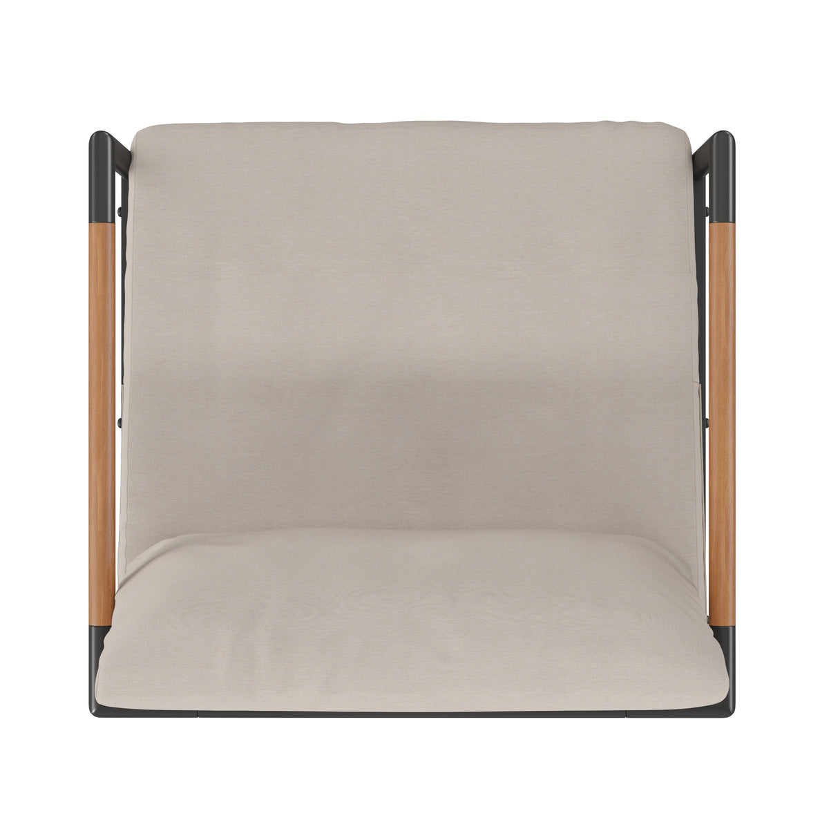 Light Gray |#| Black Aluminum Frame Patio Chair with Teak Arm Accents and Beige Cushions
