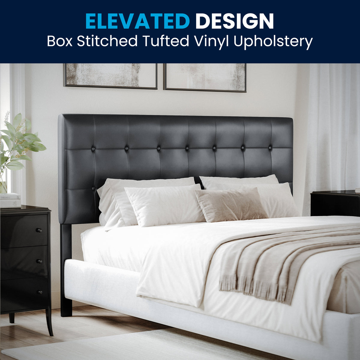 Black,Queen |#| Adjustable Height Button Tufted Upholstered Queen Size Headboard in Black Vinyl