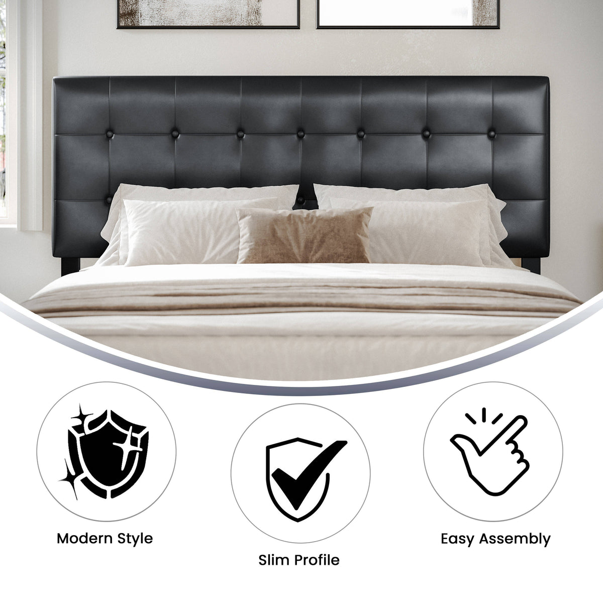 Black,Queen |#| Adjustable Height Button Tufted Upholstered Queen Size Headboard in Black Vinyl