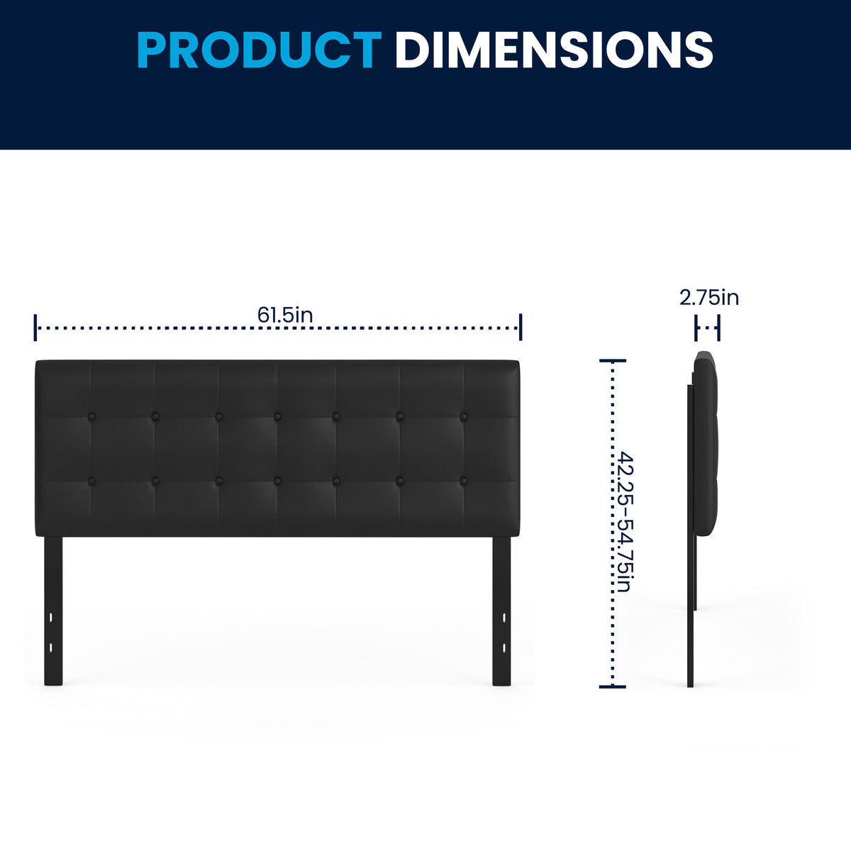 Black,Queen |#| Adjustable Height Button Tufted Upholstered Queen Size Headboard in Black Vinyl