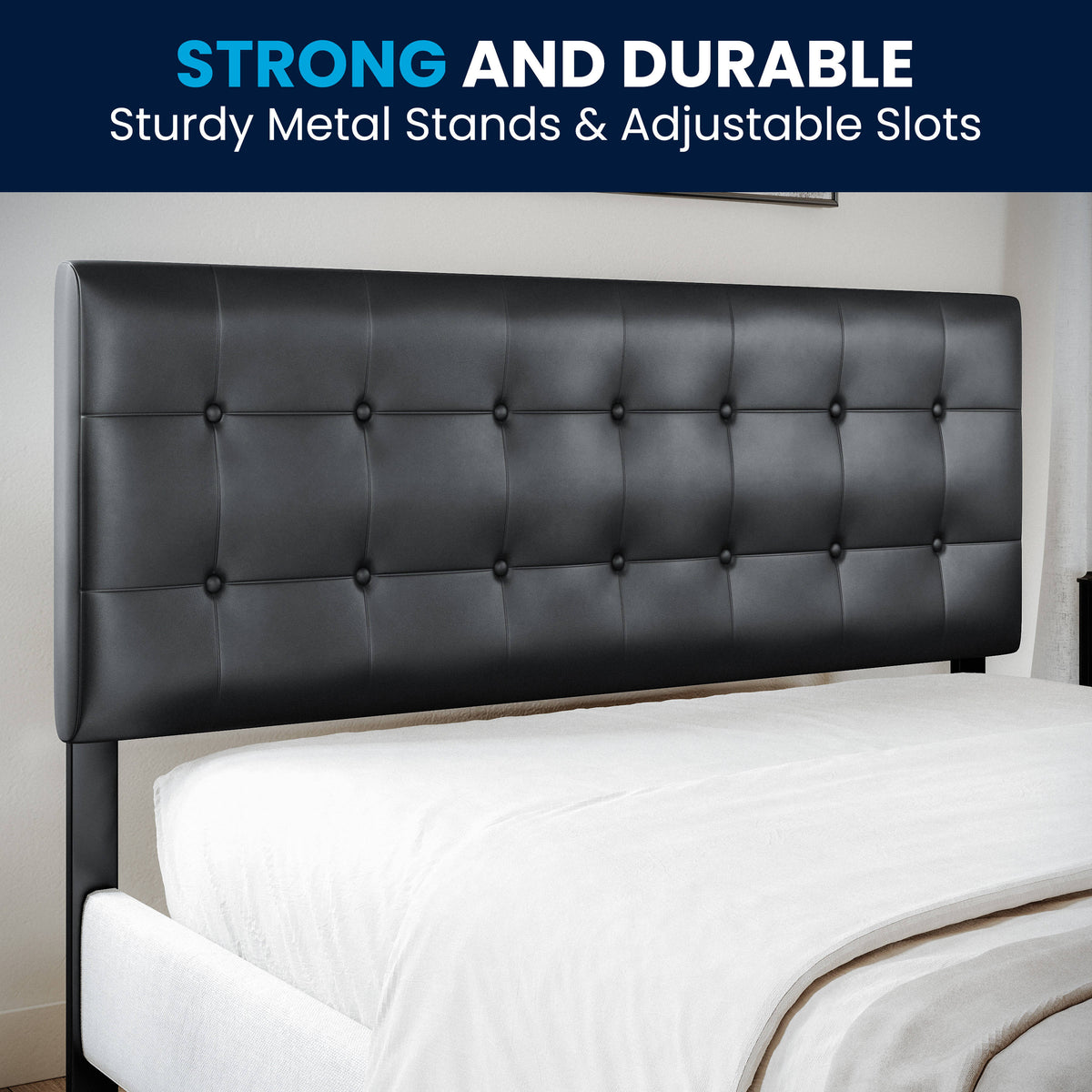 Black,Queen |#| Adjustable Height Button Tufted Upholstered Queen Size Headboard in Black Vinyl