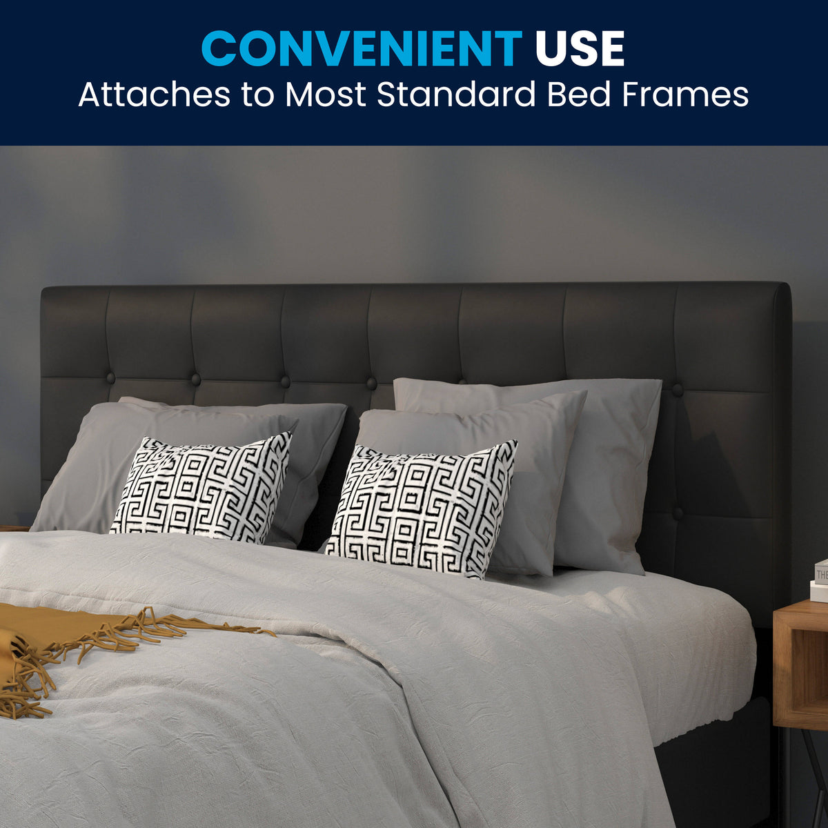 Black,Queen |#| Adjustable Height Button Tufted Upholstered Queen Size Headboard in Black Vinyl