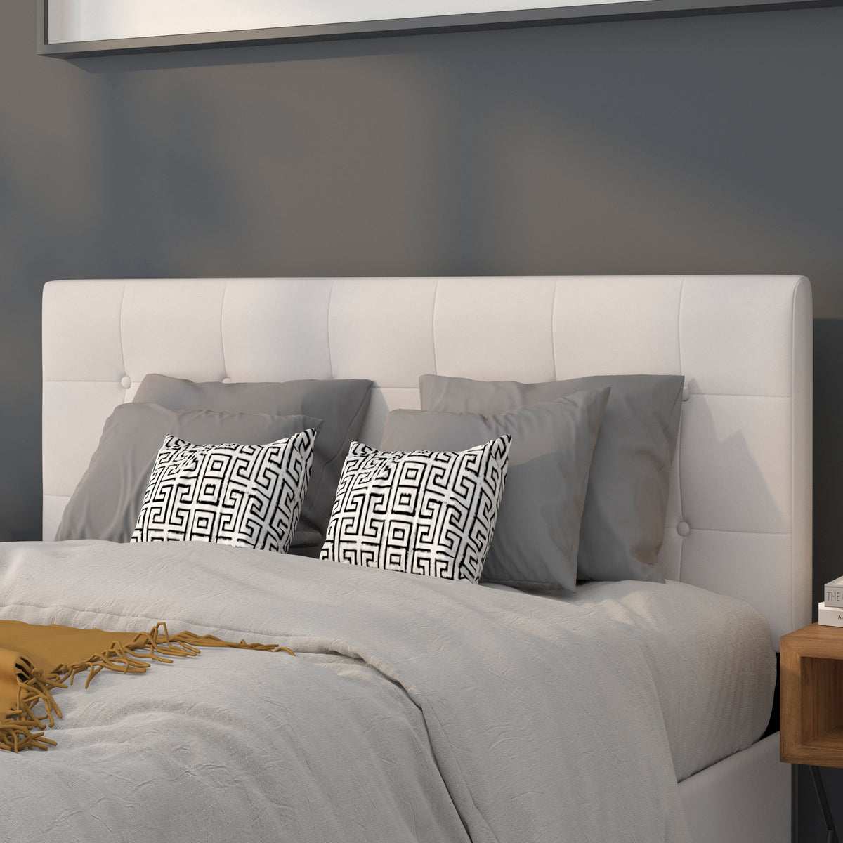 White,Full |#| Adjustable Height Button Tufted Upholstered Full Size Headboard in White Vinyl