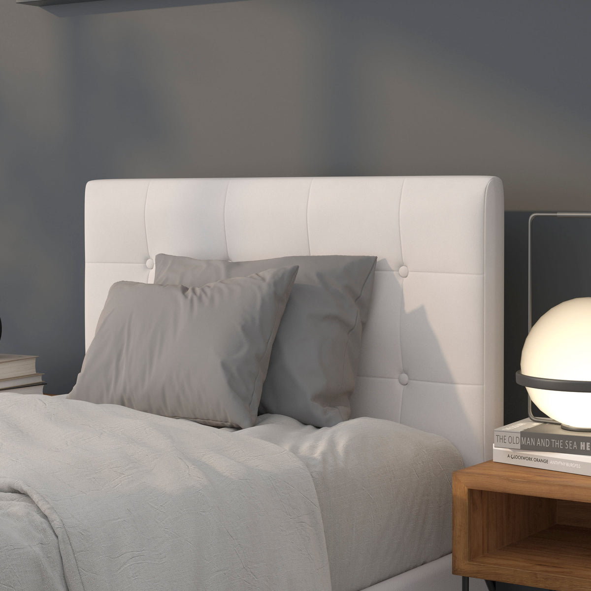 White,Twin |#| Adjustable Height Button Tufted Upholstered Twin Size Headboard in White Vinyl