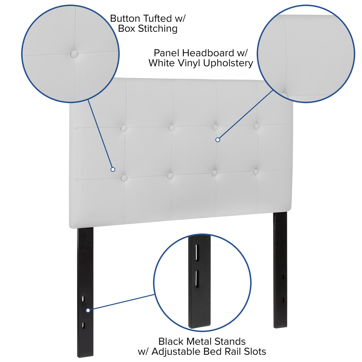 White,Twin |#| Adjustable Height Button Tufted Upholstered Twin Size Headboard in White Vinyl
