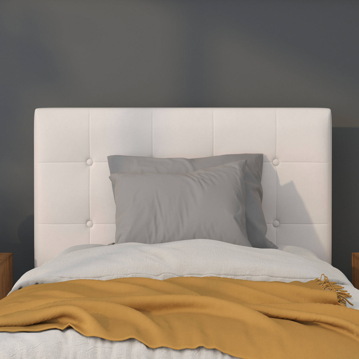 White,Twin |#| Adjustable Height Button Tufted Upholstered Twin Size Headboard in White Vinyl