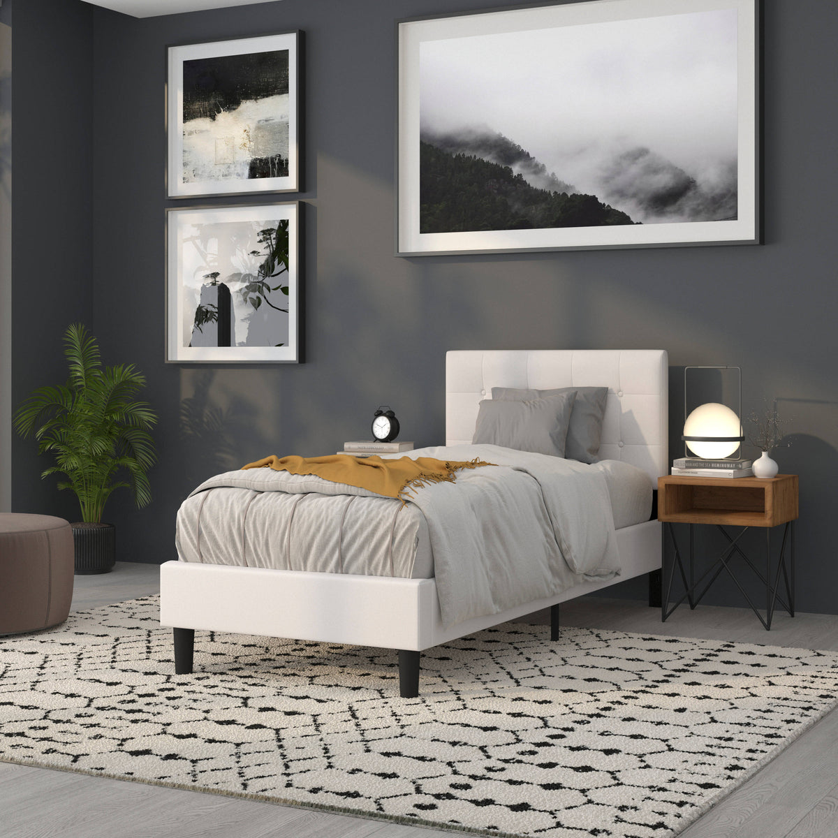 White,Twin |#| Adjustable Height Button Tufted Upholstered Twin Size Headboard in White Vinyl