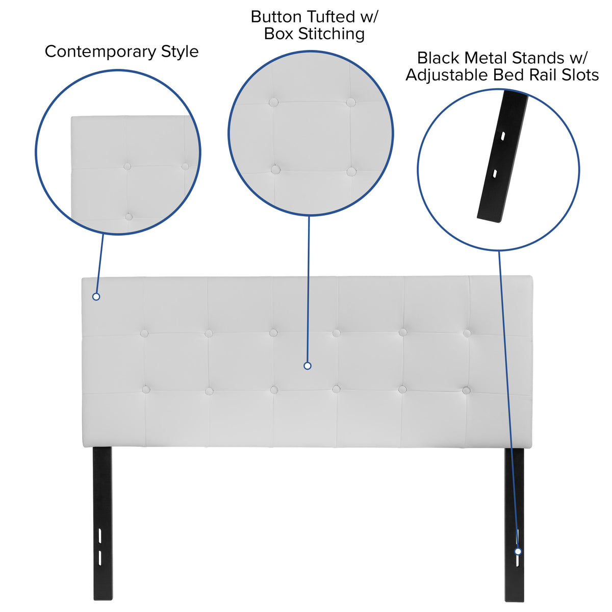 White,Full |#| Adjustable Height Button Tufted Upholstered Full Size Headboard in White Vinyl