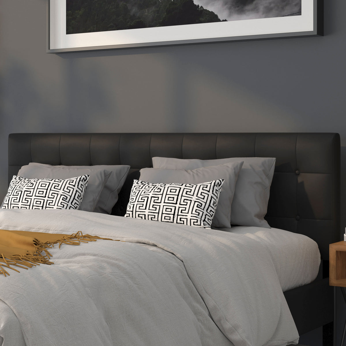 Black,King |#| Adjustable Height Button Tufted Upholstered King Size Headboard in Black Vinyl