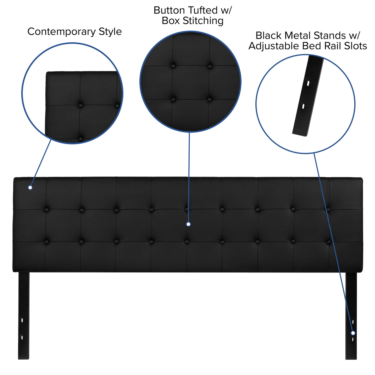 Black,King |#| Adjustable Height Button Tufted Upholstered King Size Headboard in Black Vinyl