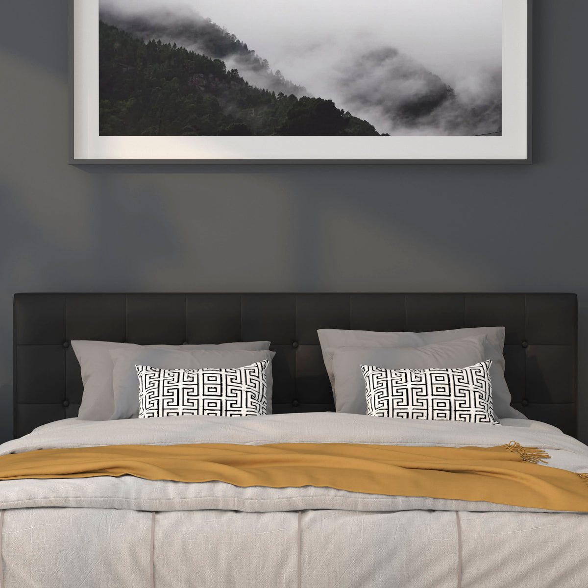 Black,King |#| Adjustable Height Button Tufted Upholstered King Size Headboard in Black Vinyl