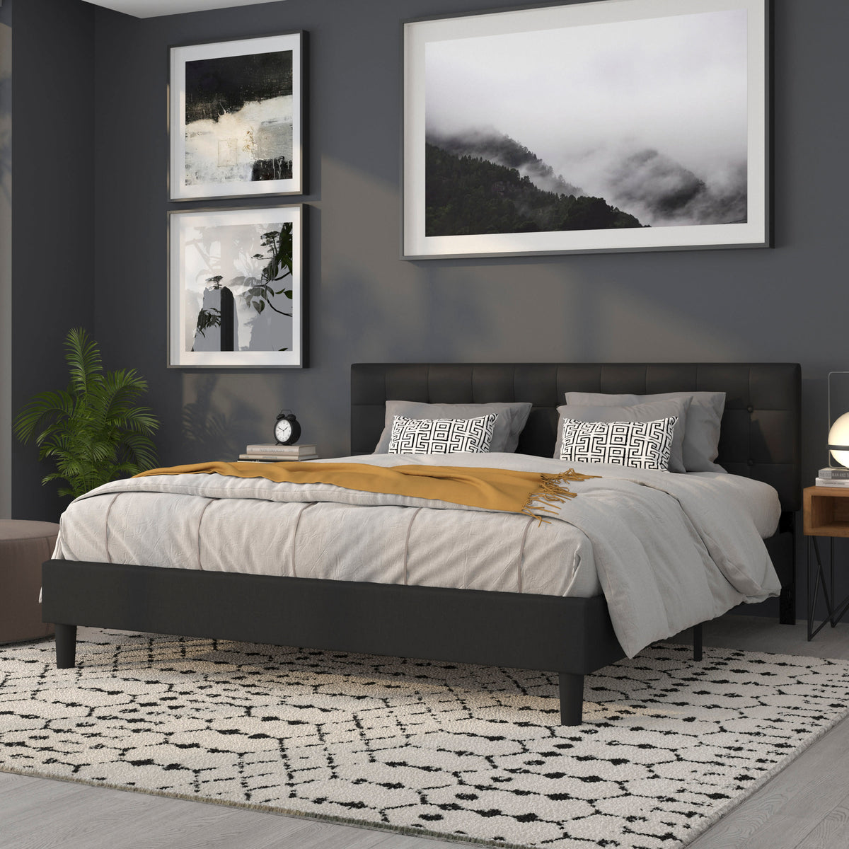 Black,King |#| Adjustable Height Button Tufted Upholstered King Size Headboard in Black Vinyl