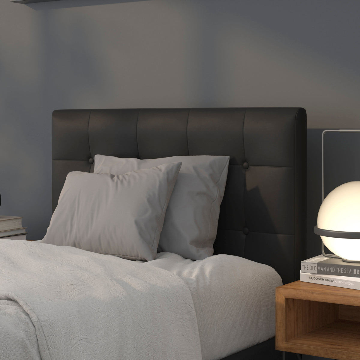Black,Twin |#| Adjustable Height Button Tufted Upholstered Twin Size Headboard in Black Vinyl