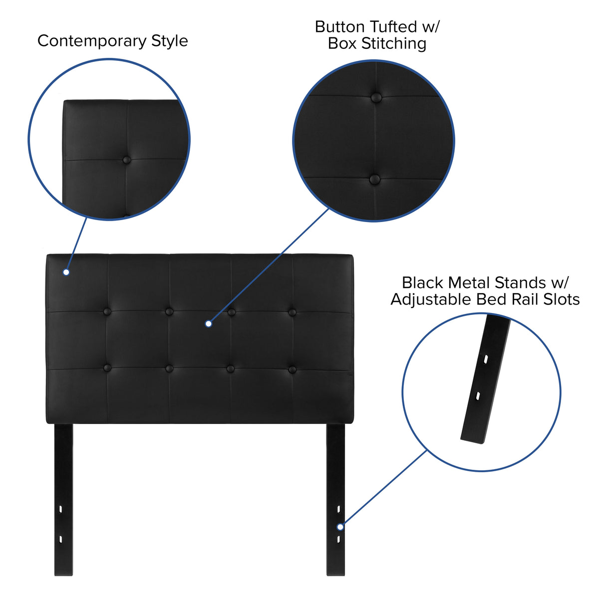 Black,Twin |#| Adjustable Height Button Tufted Upholstered Twin Size Headboard in Black Vinyl