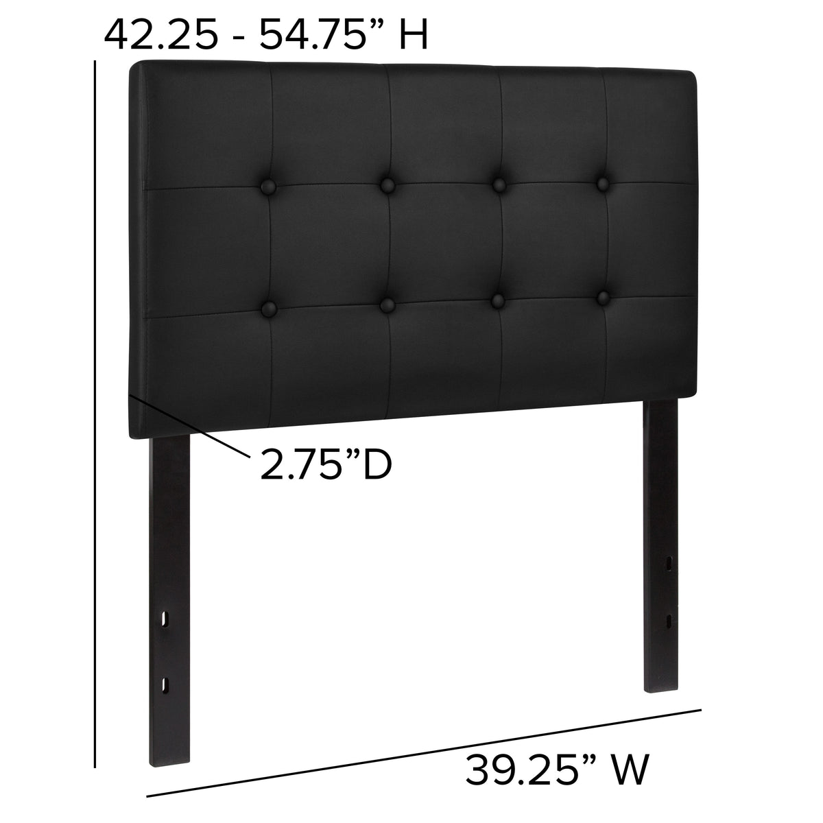 Black,Twin |#| Adjustable Height Button Tufted Upholstered Twin Size Headboard in Black Vinyl