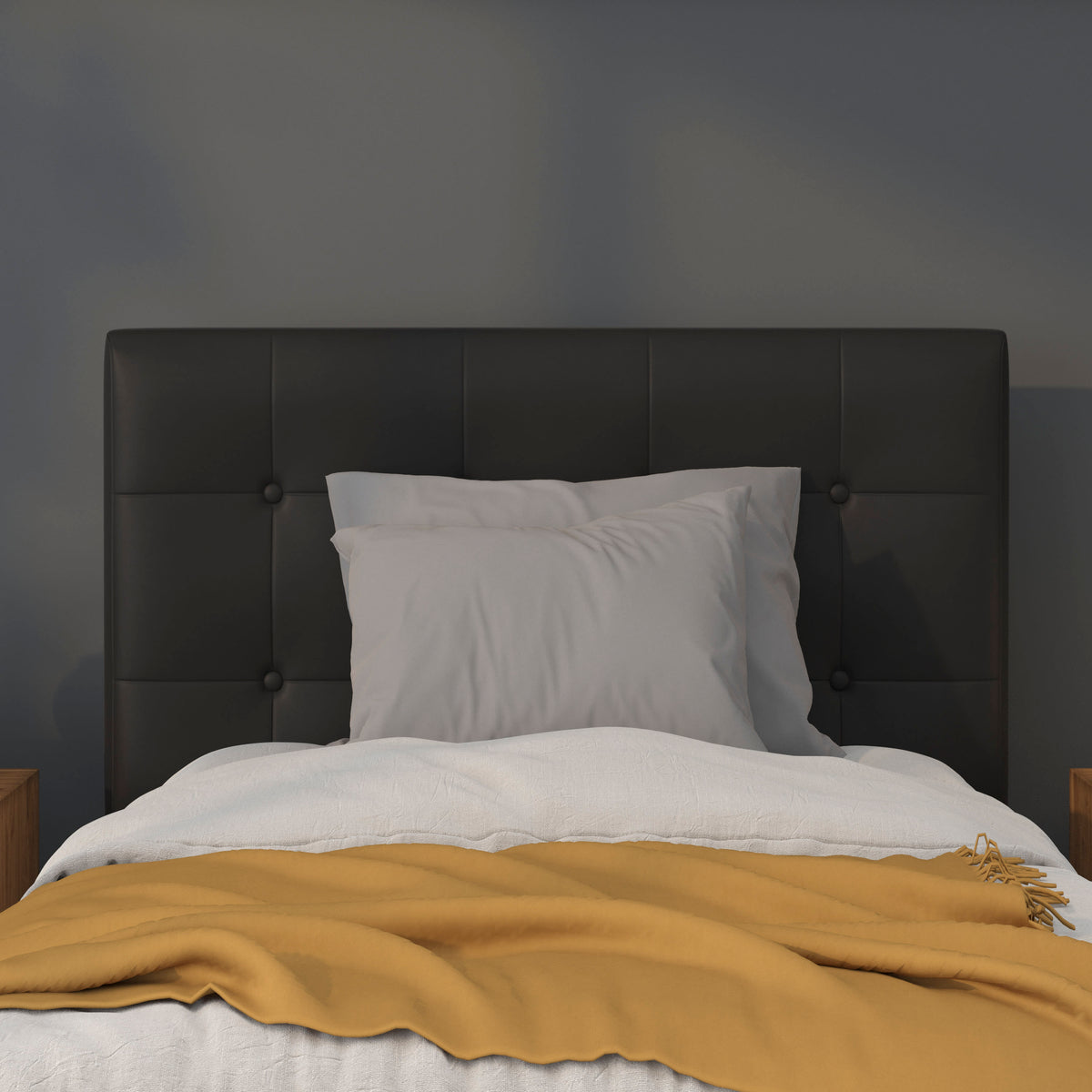 Black,Twin |#| Adjustable Height Button Tufted Upholstered Twin Size Headboard in Black Vinyl