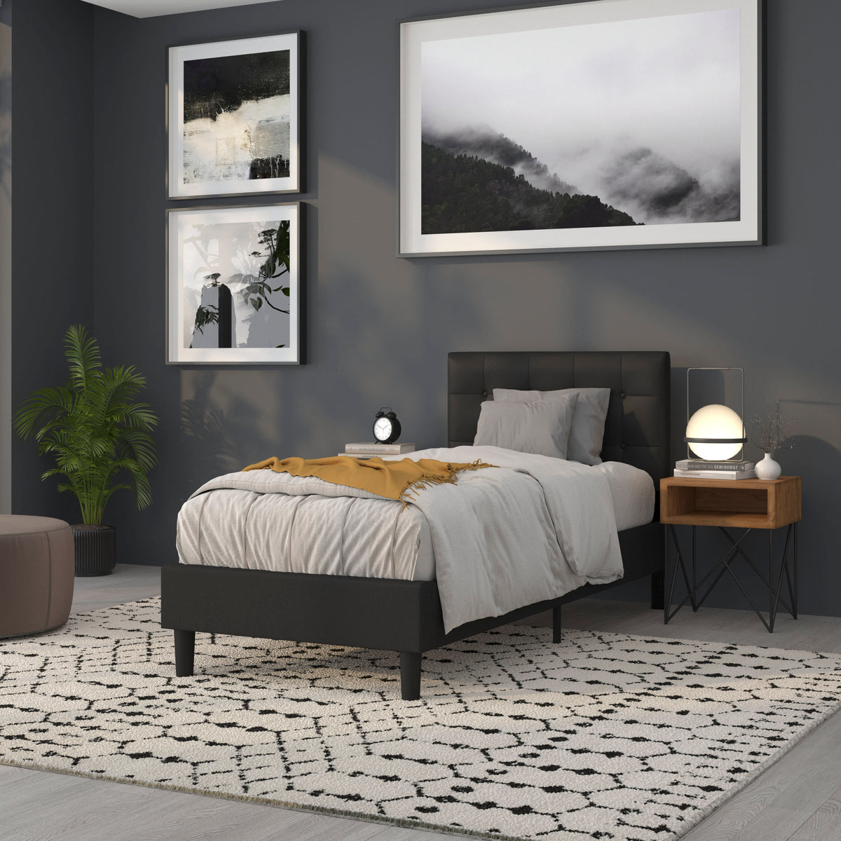 Black,Twin |#| Adjustable Height Button Tufted Upholstered Twin Size Headboard in Black Vinyl