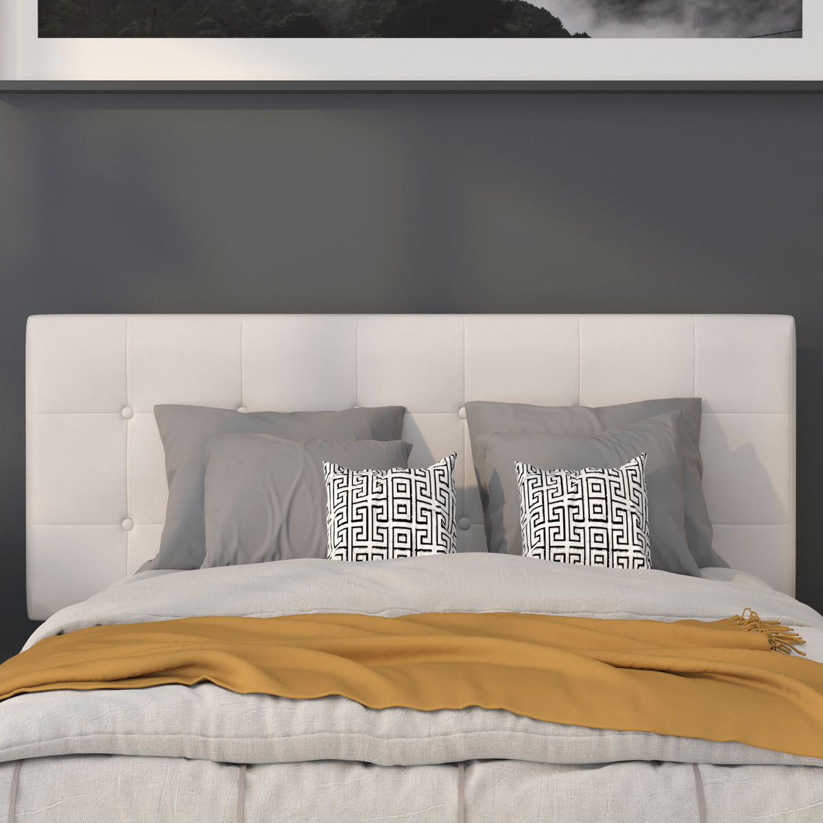 White,Full |#| Adjustable Height Button Tufted Upholstered Full Size Headboard in White Vinyl