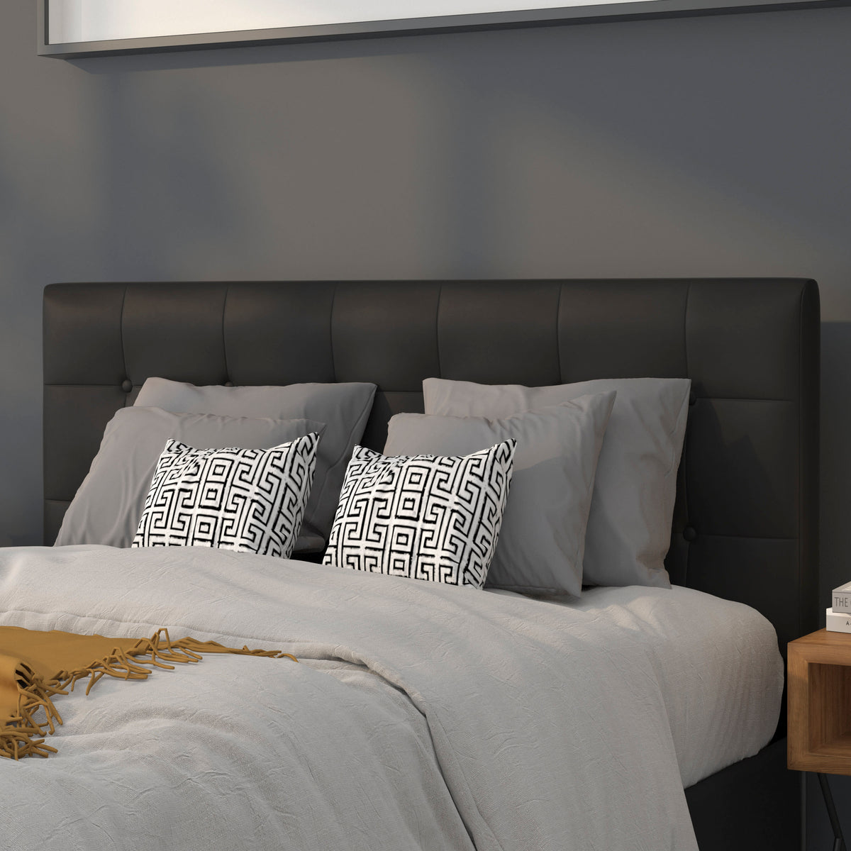 Black,Full |#| Adjustable Height Button Tufted Upholstered Full Size Headboard in Black Vinyl