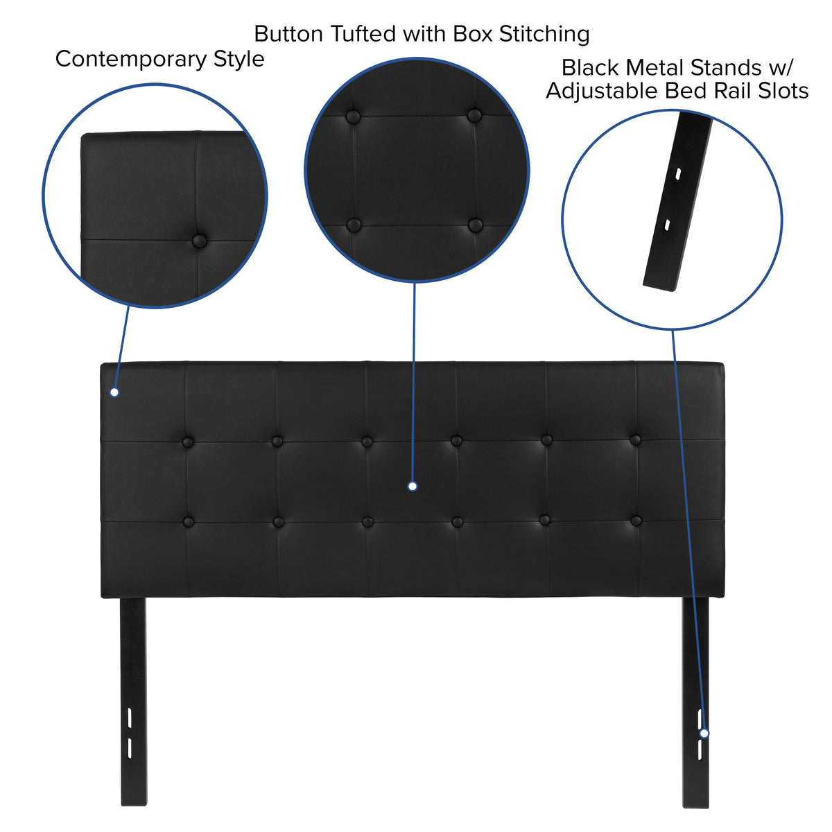 Black,Full |#| Adjustable Height Button Tufted Upholstered Full Size Headboard in Black Vinyl