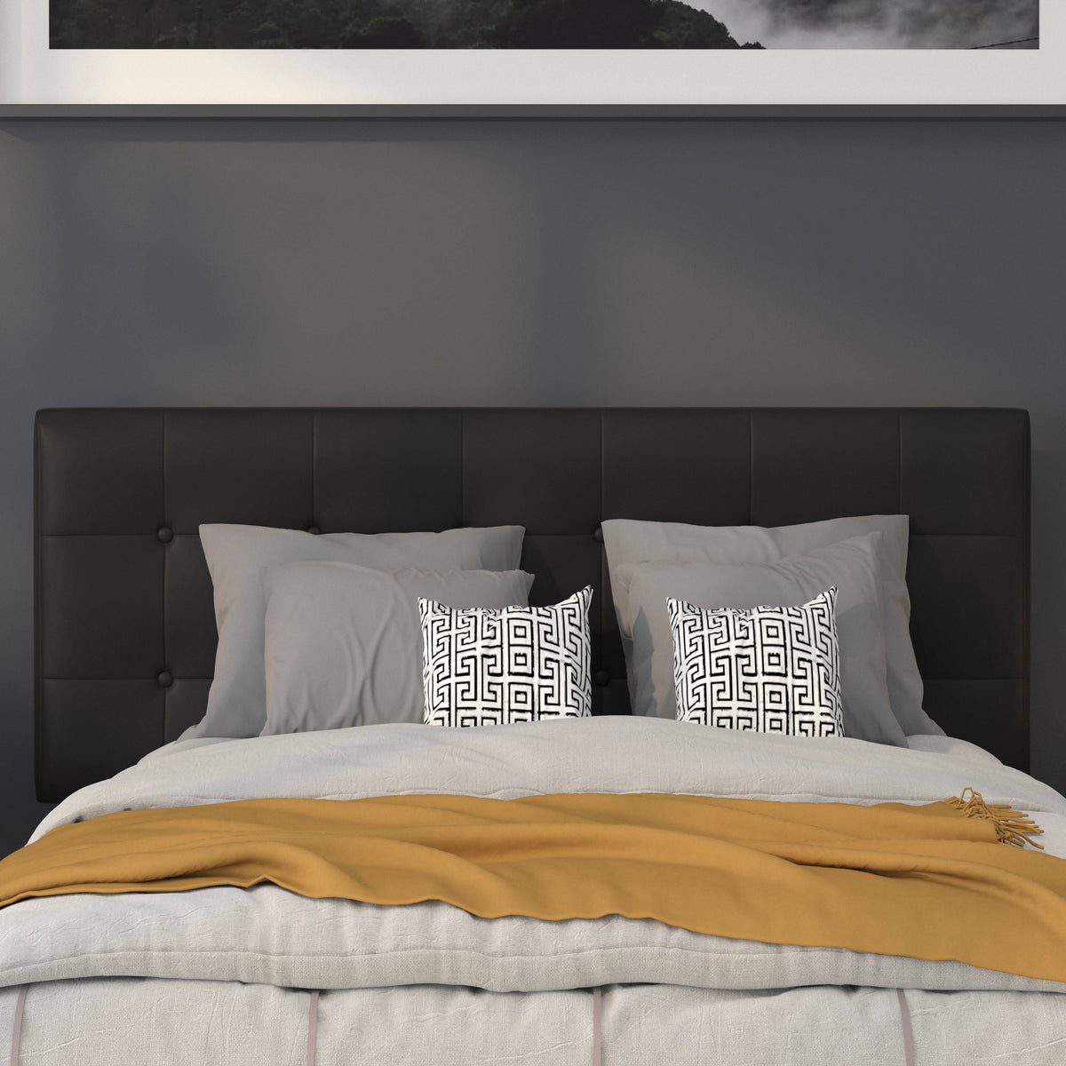 Black,Full |#| Adjustable Height Button Tufted Upholstered Full Size Headboard in Black Vinyl