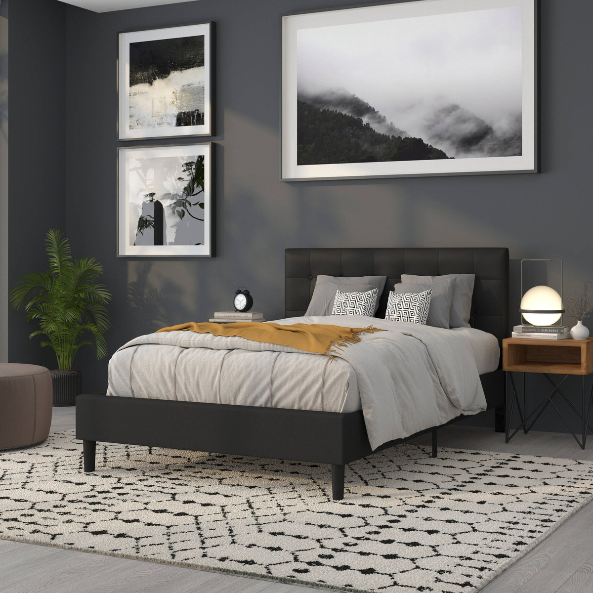 Black,Full |#| Adjustable Height Button Tufted Upholstered Full Size Headboard in Black Vinyl