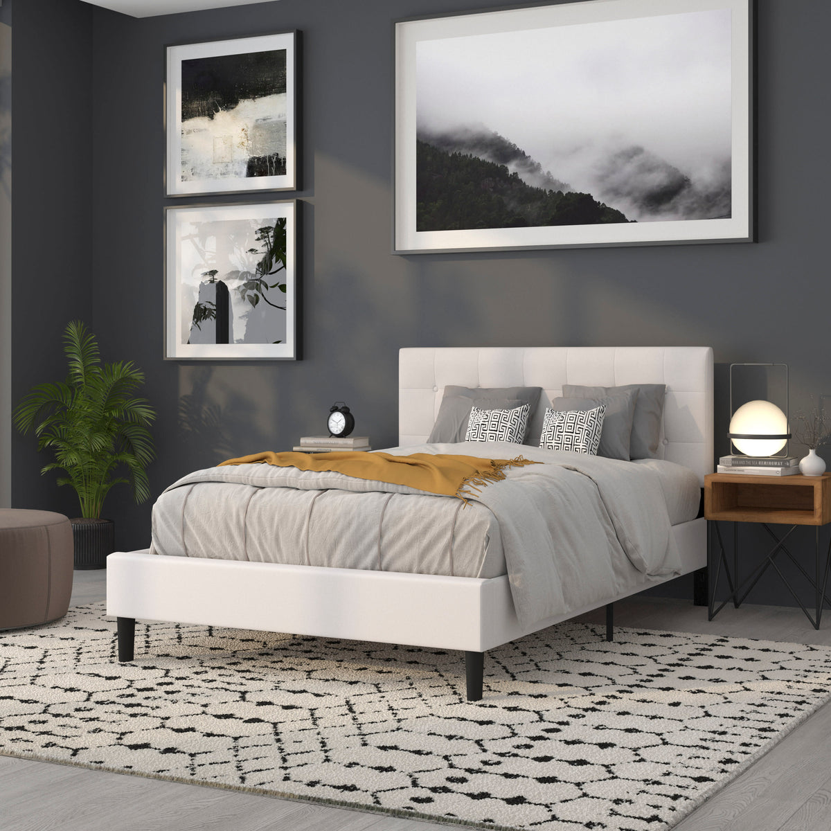 White,Full |#| Adjustable Height Button Tufted Upholstered Full Size Headboard in White Vinyl