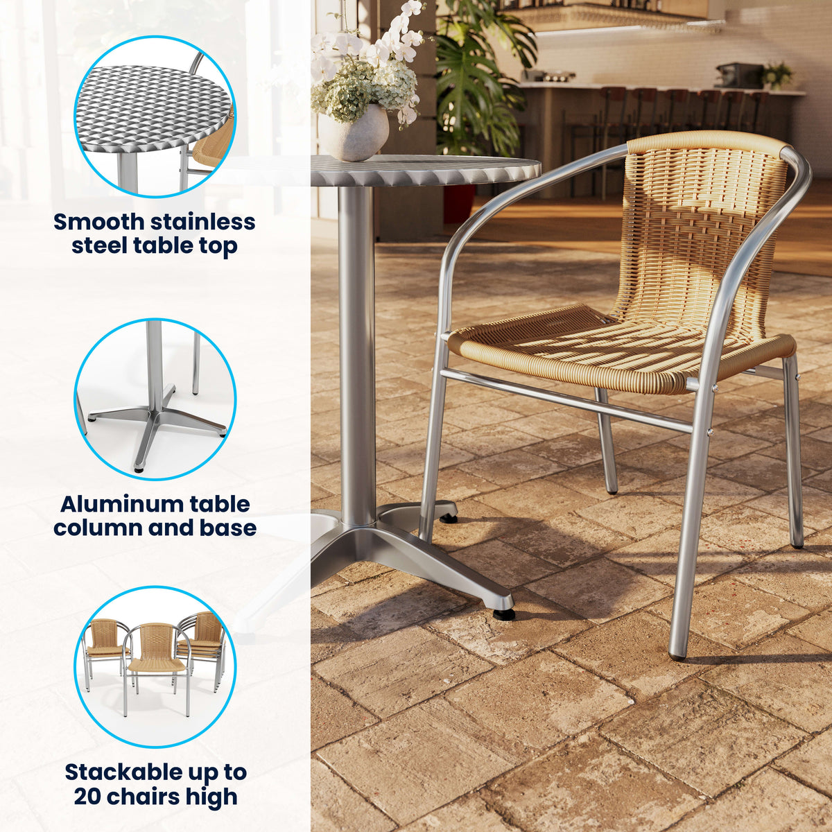 Beige |#| 23.5" Round Aluminum Indoor-Outdoor Table Set with 4 Beige Rattan Chairs