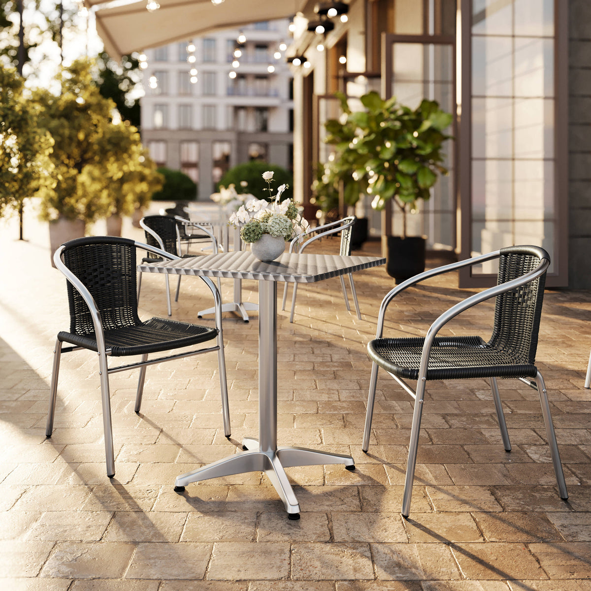 Black |#| 23.5" Square Aluminum Indoor-Outdoor Table Set with 2 Black Rattan Chairs