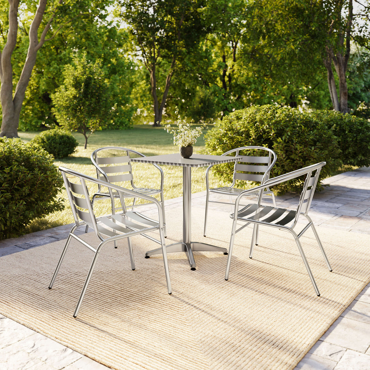 23.5" Square Aluminum Indoor-Outdoor Table Set with 4 Slat Back Chairs