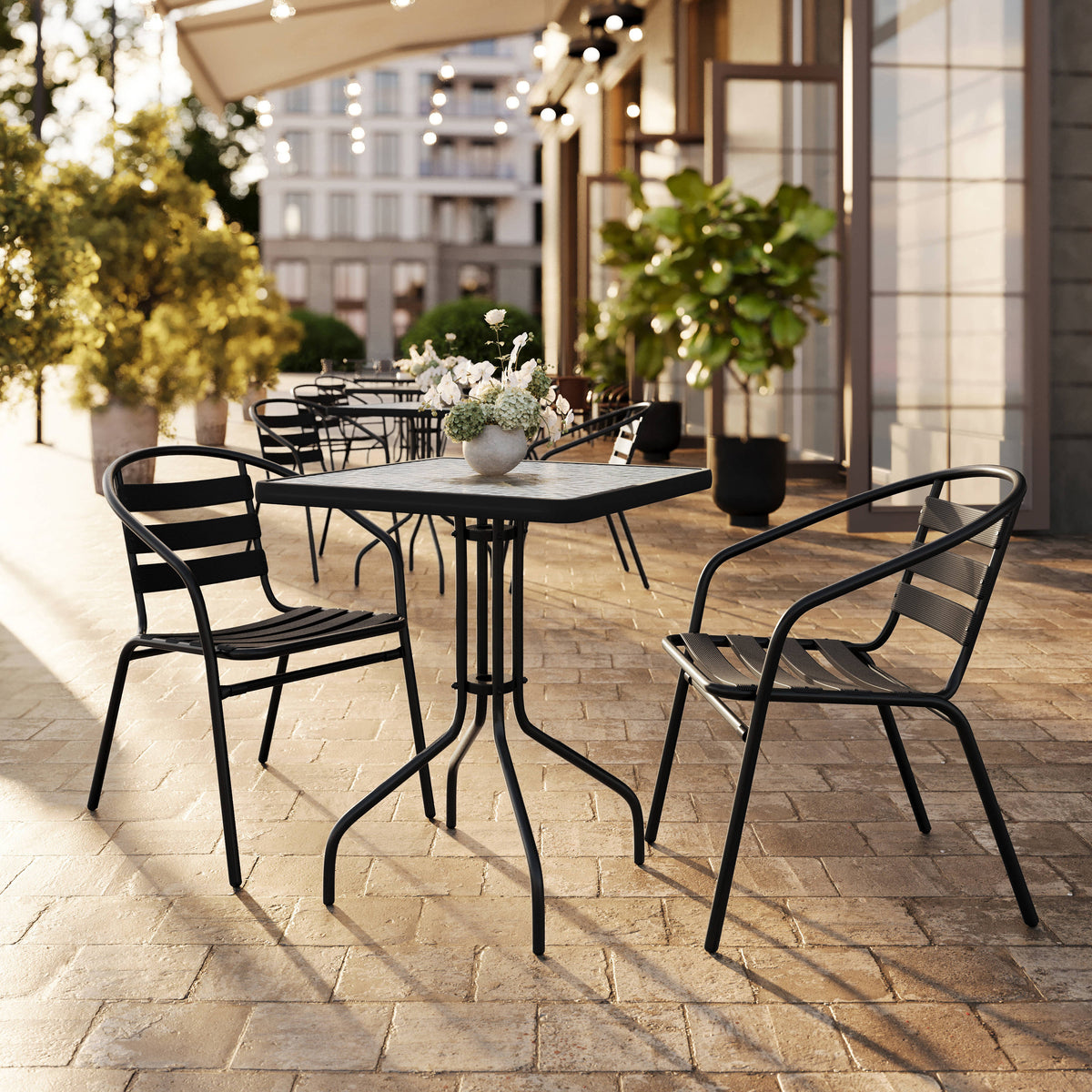 Black |#| 23.5" Square Glass Metal Table with 2 Black Metal Aluminum Slat Stack Chairs
