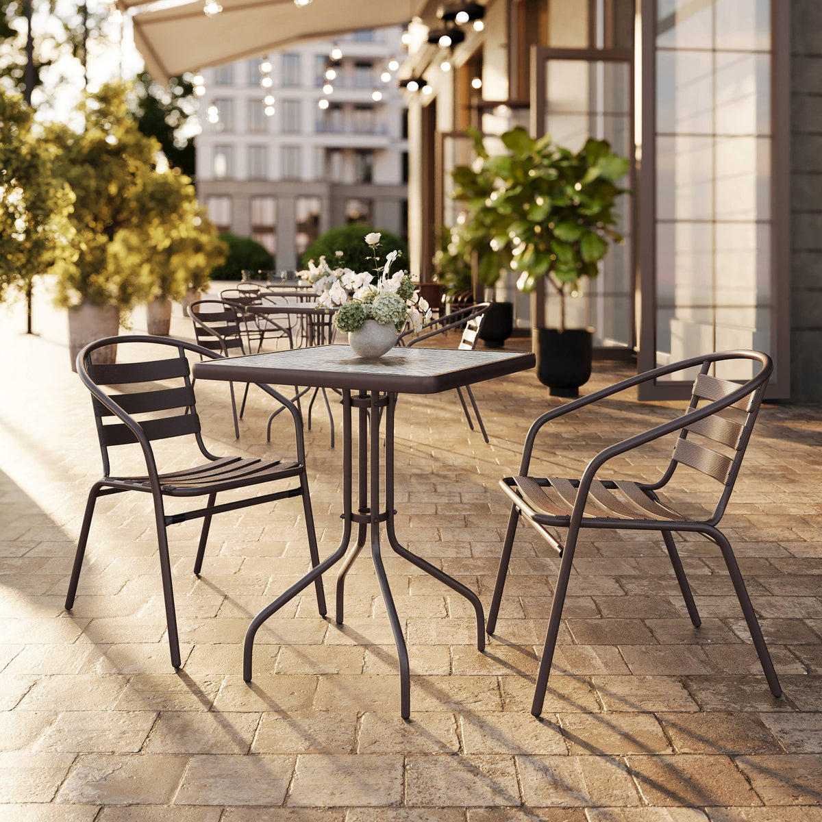 Bronze |#| Modern 23.5" Square Glass Framed Glass Table with 2 Bronze Slat Back Chairs
