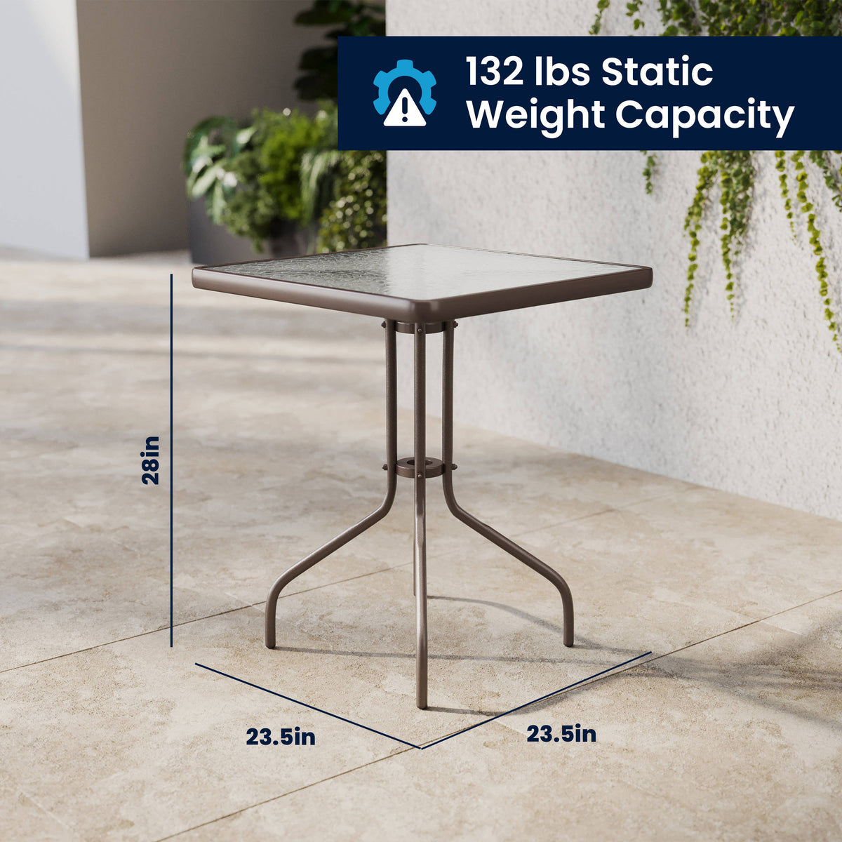 Bronze |#| Modern 23.5" Square Glass Framed Glass Table with 2 Bronze Slat Back Chairs