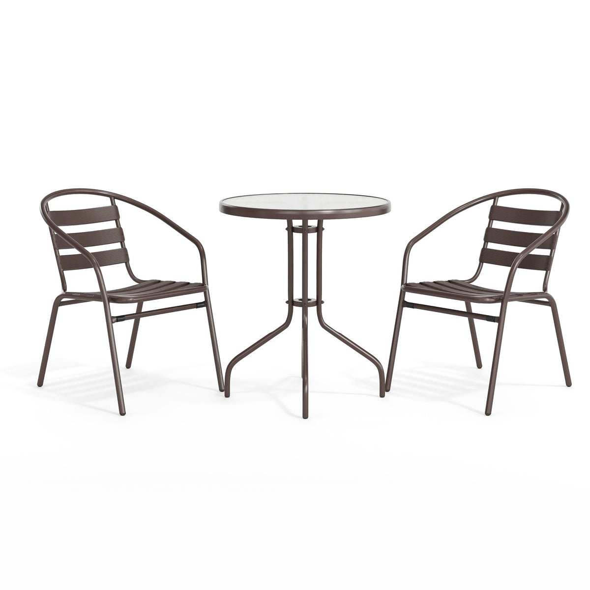 Bronze |#| Modern 23.75" Round Glass Framed Glass Table with 2 Bronze Slat Back Chairs