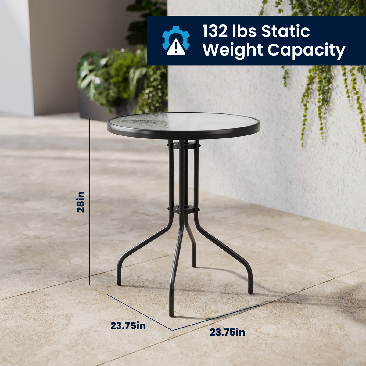 Black |#| 23.75" Round Glass Metal Table with 2 Black Metal Aluminum Slat Stack Chairs