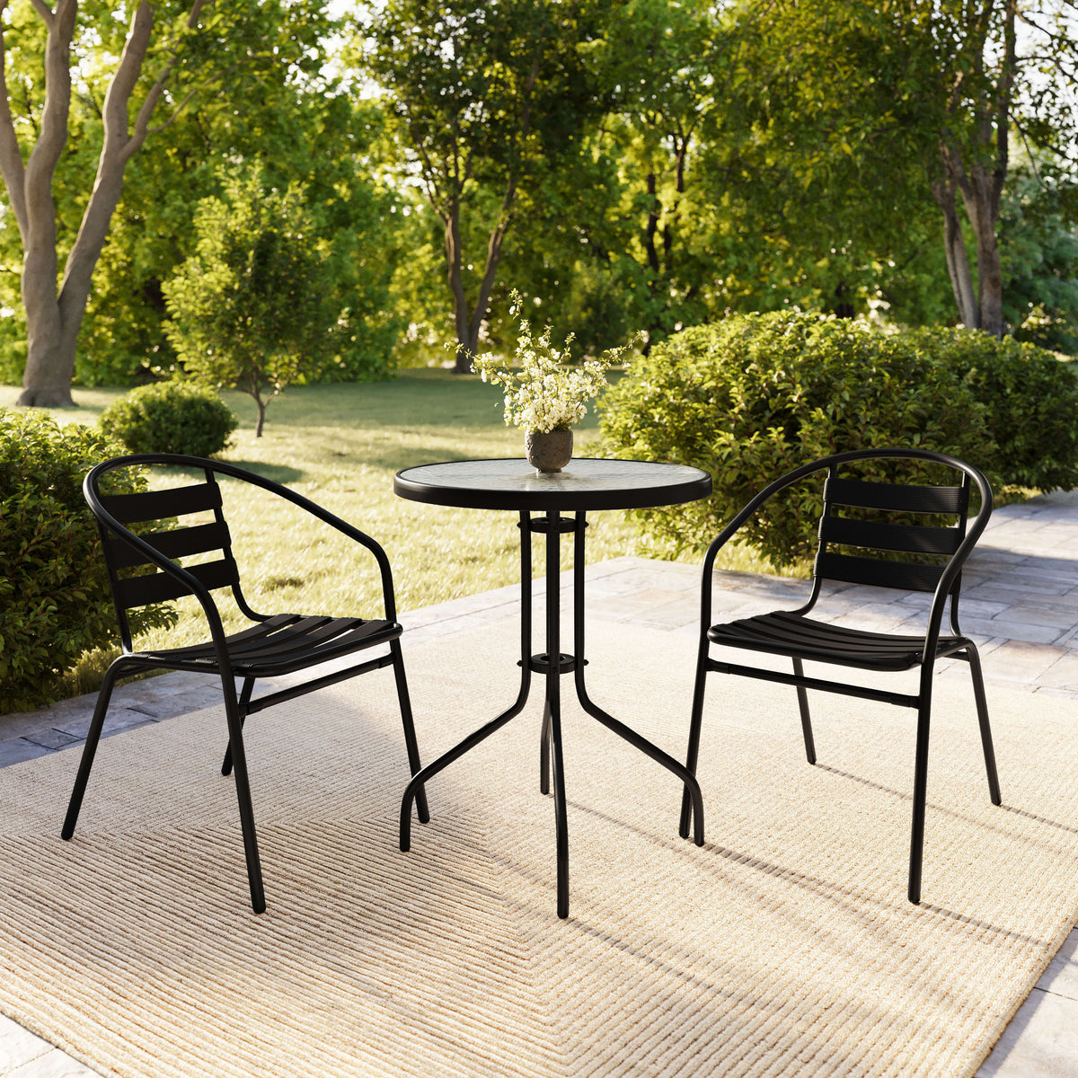 Black |#| 23.75" Round Glass Metal Table with 2 Black Metal Aluminum Slat Stack Chairs