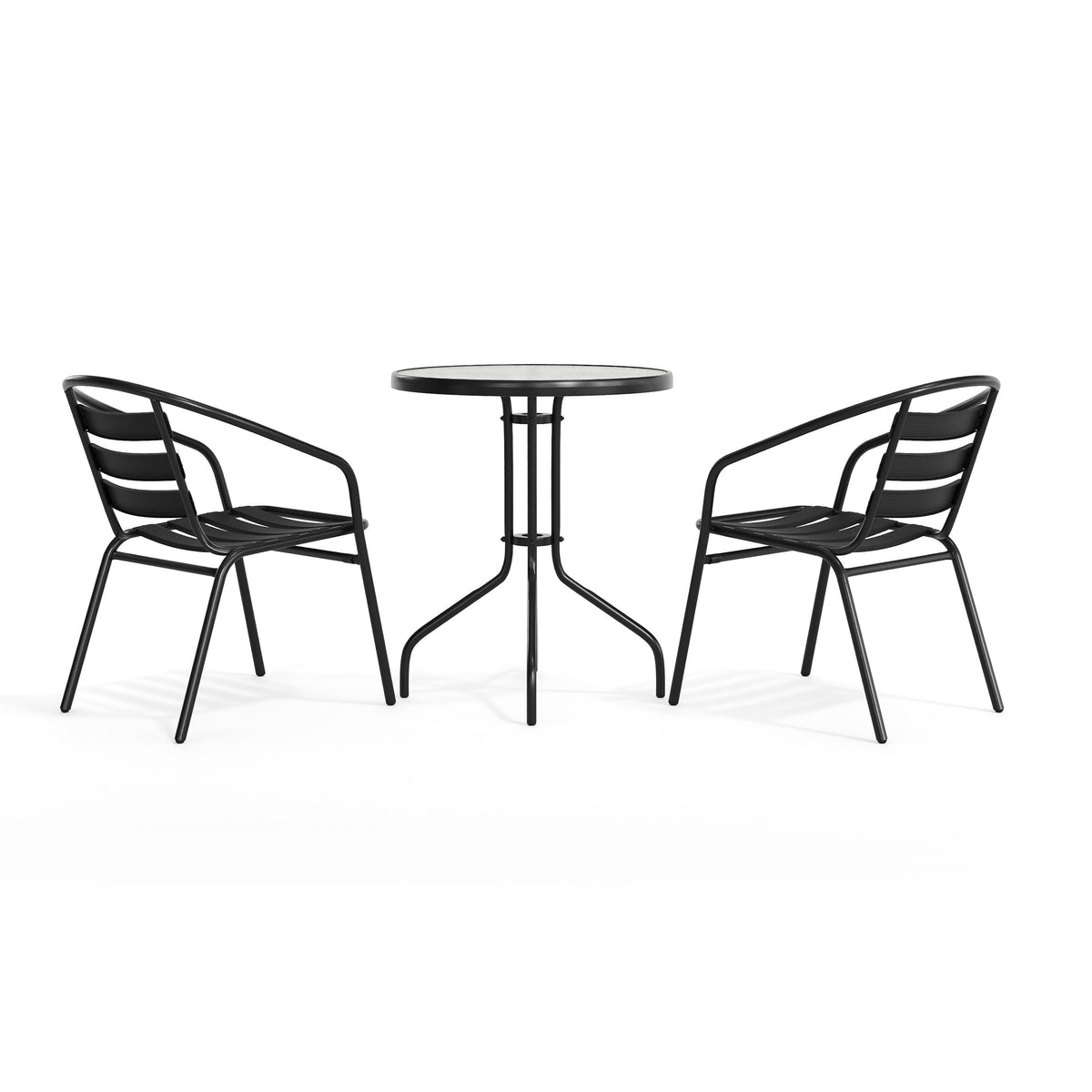 Black |#| 23.75" Round Glass Metal Table with 2 Black Metal Aluminum Slat Stack Chairs