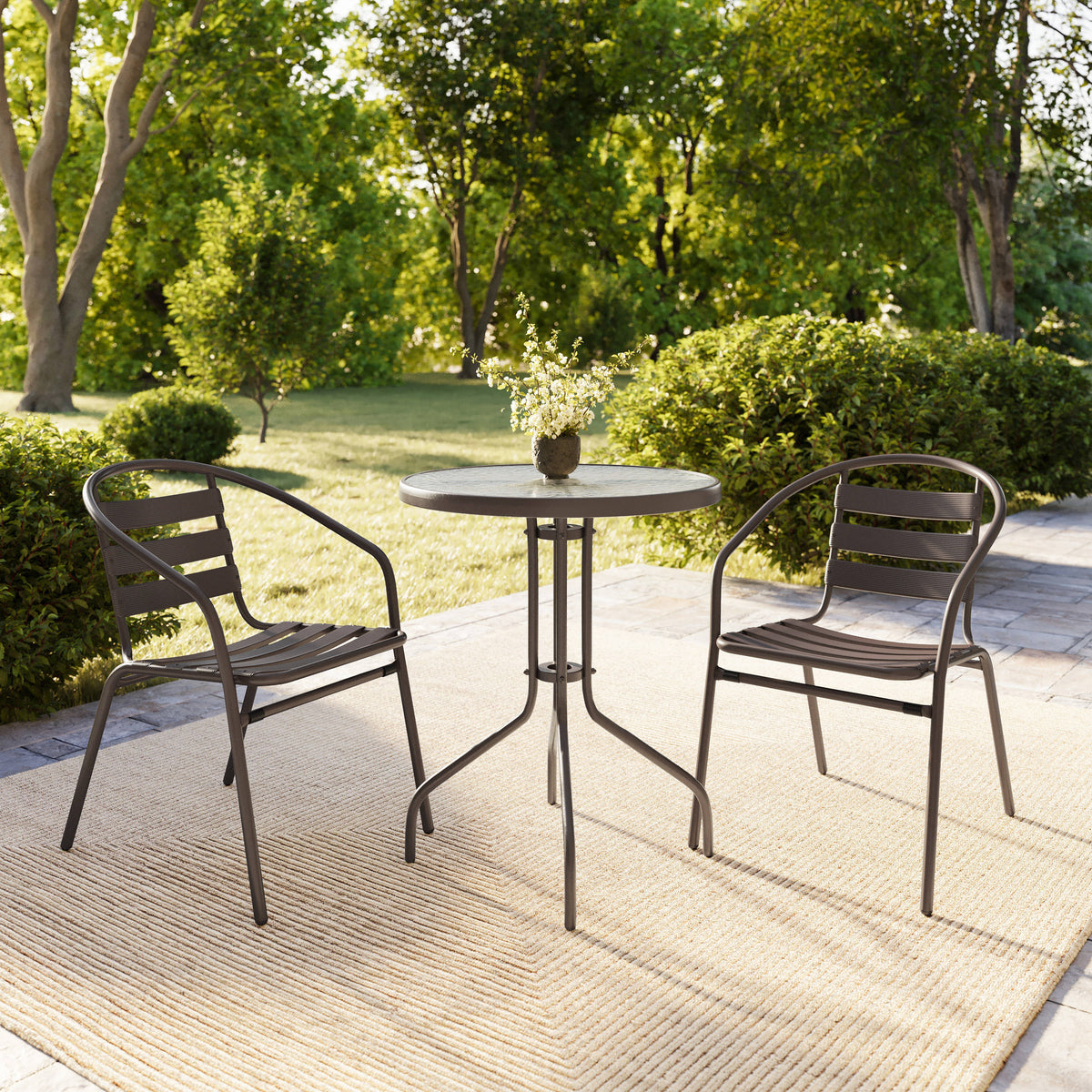 Bronze |#| Modern 23.75" Round Glass Framed Glass Table with 2 Bronze Slat Back Chairs