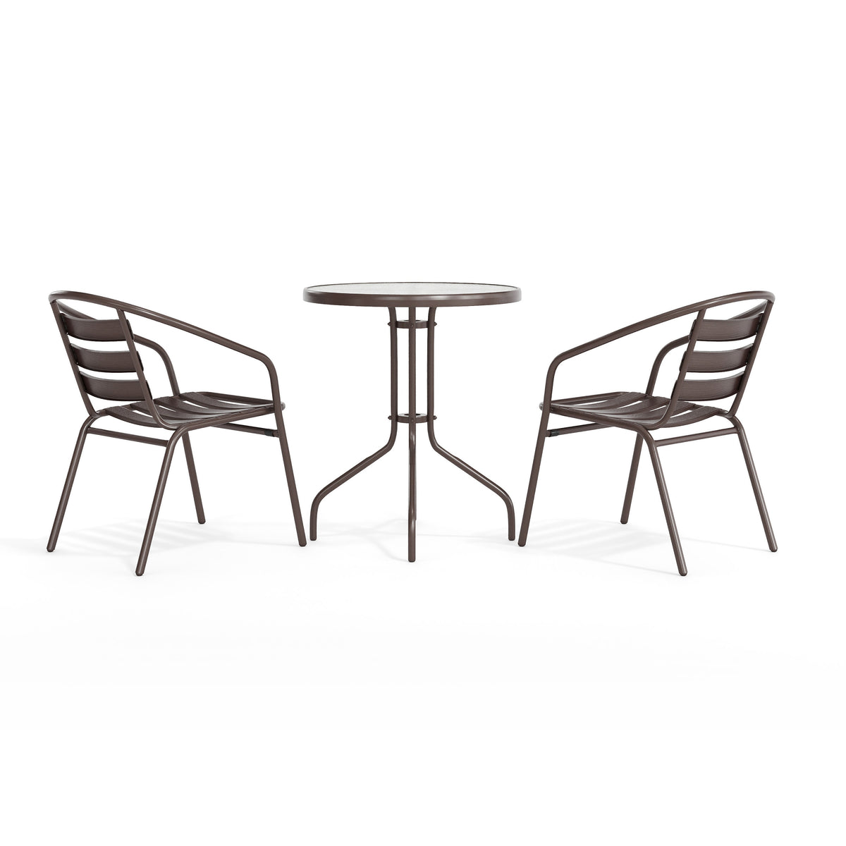 Bronze |#| Modern 23.75" Round Glass Framed Glass Table with 2 Bronze Slat Back Chairs