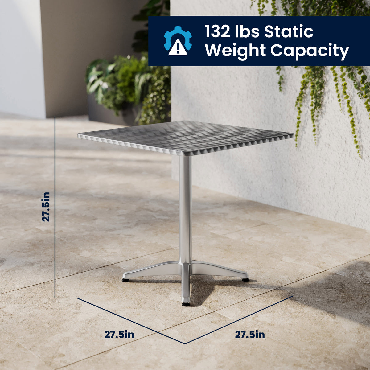 Aluminum |#| 27.5" Square Aluminum Indoor-Outdoor Table Set with 2 Slat Back Chairs